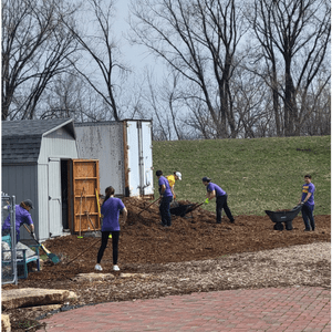 5 volunteers spreading mulch around a path